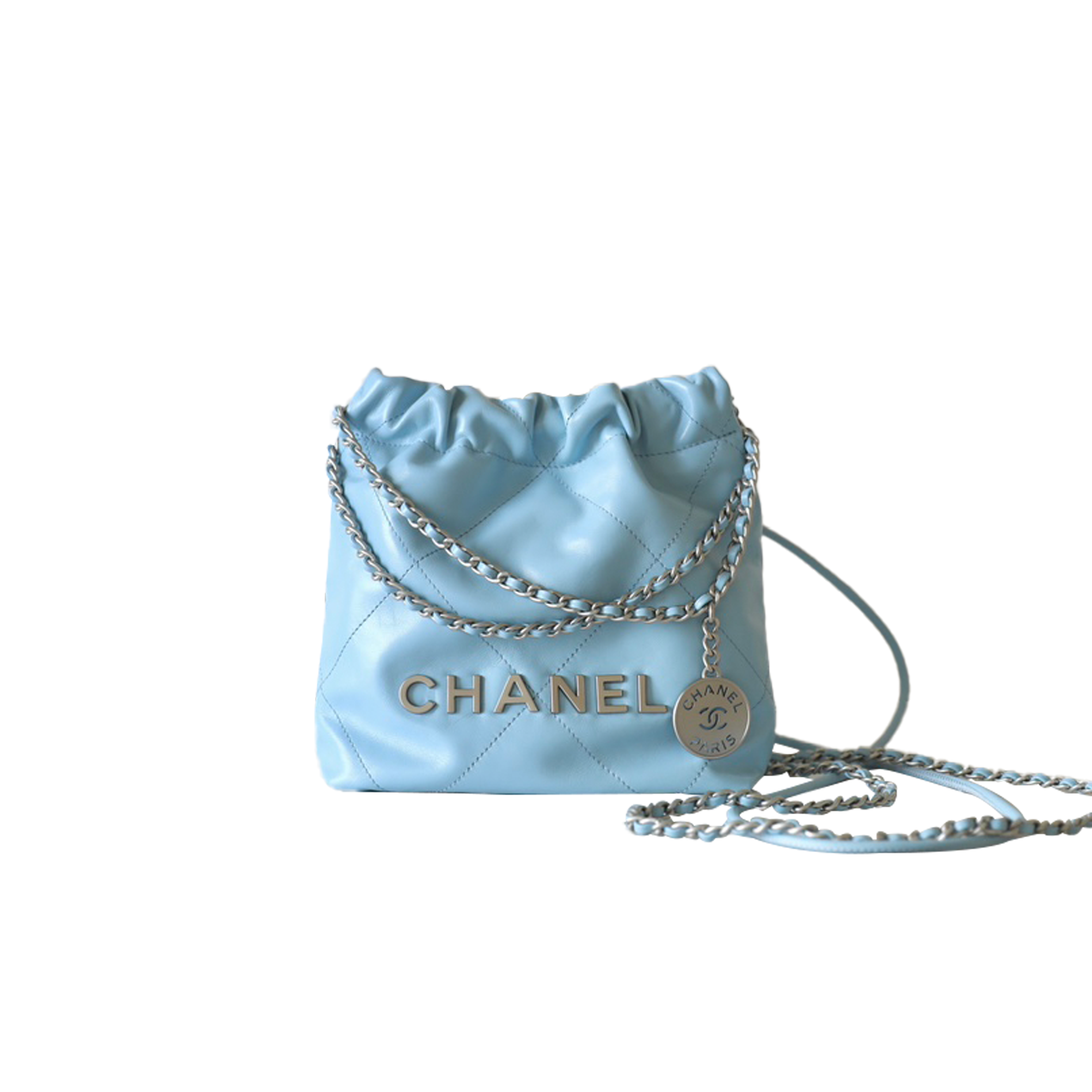 CHANEL LIGHT BLUE QUILTED CALFSKIN MINI 22 BAG SILVER HARDWARE AS3980 (20*19*6cm)